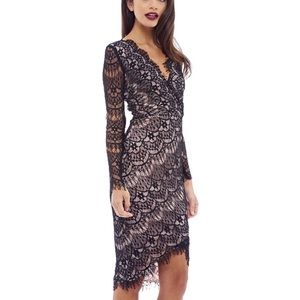 Black & Beige Crossover Bodycon Lace Midi Dress